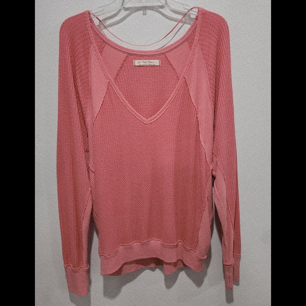 We The Free Thermal Waffle Knit Oversized Top Sz Small Long Sleeve Pullover Pink